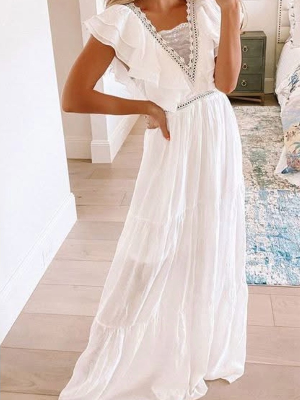 Bohemian White Ruffle V-Neck Maxi Dress